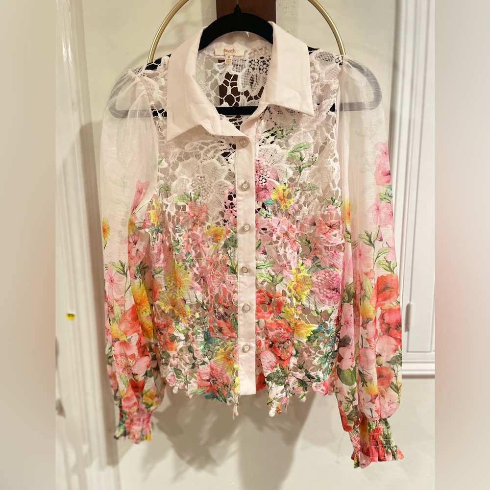 Peach Brand Sheer Floral Lace Button-Down Blouse - Pink/White